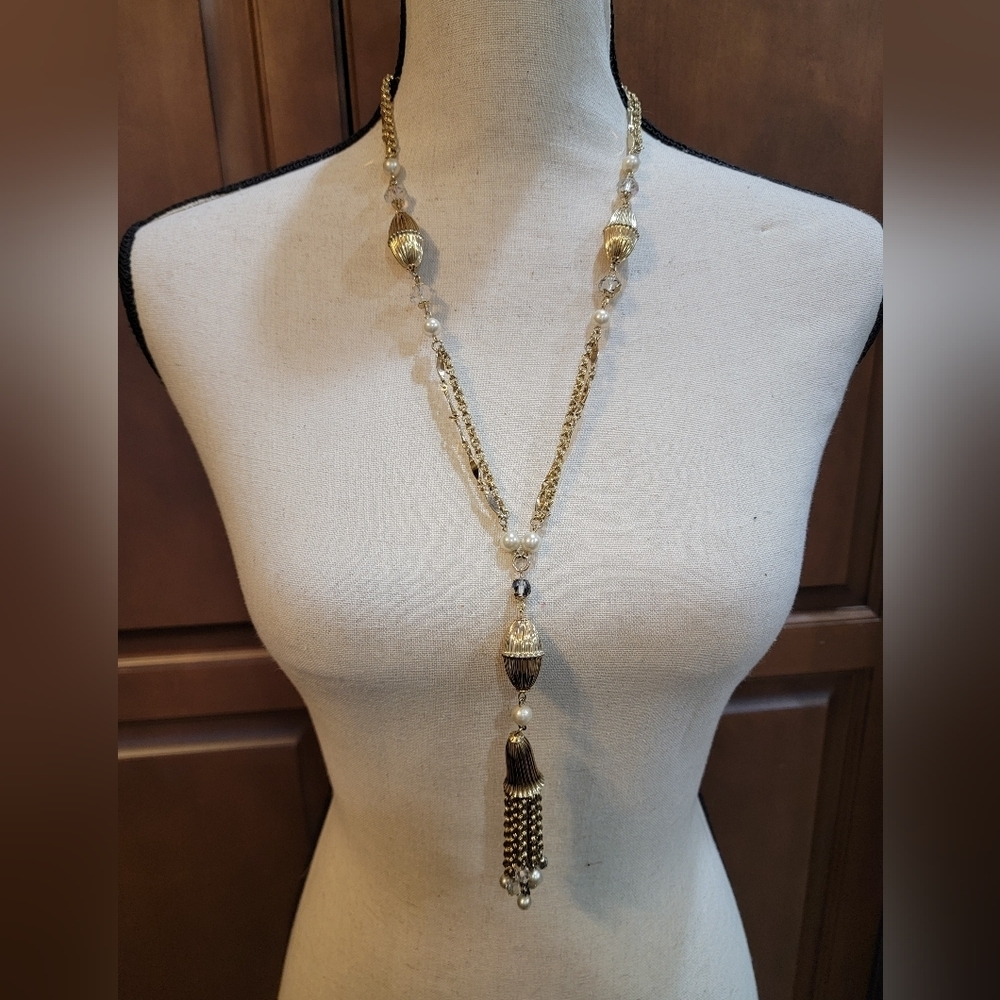 Vintage Gold Tone Faux Pearl Beaded Tassel Y Drop Necklace 26”